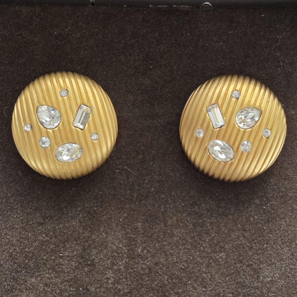 Ridged Matte Gold Textured Earrings with Crystal Accents - Picture 2 of 3